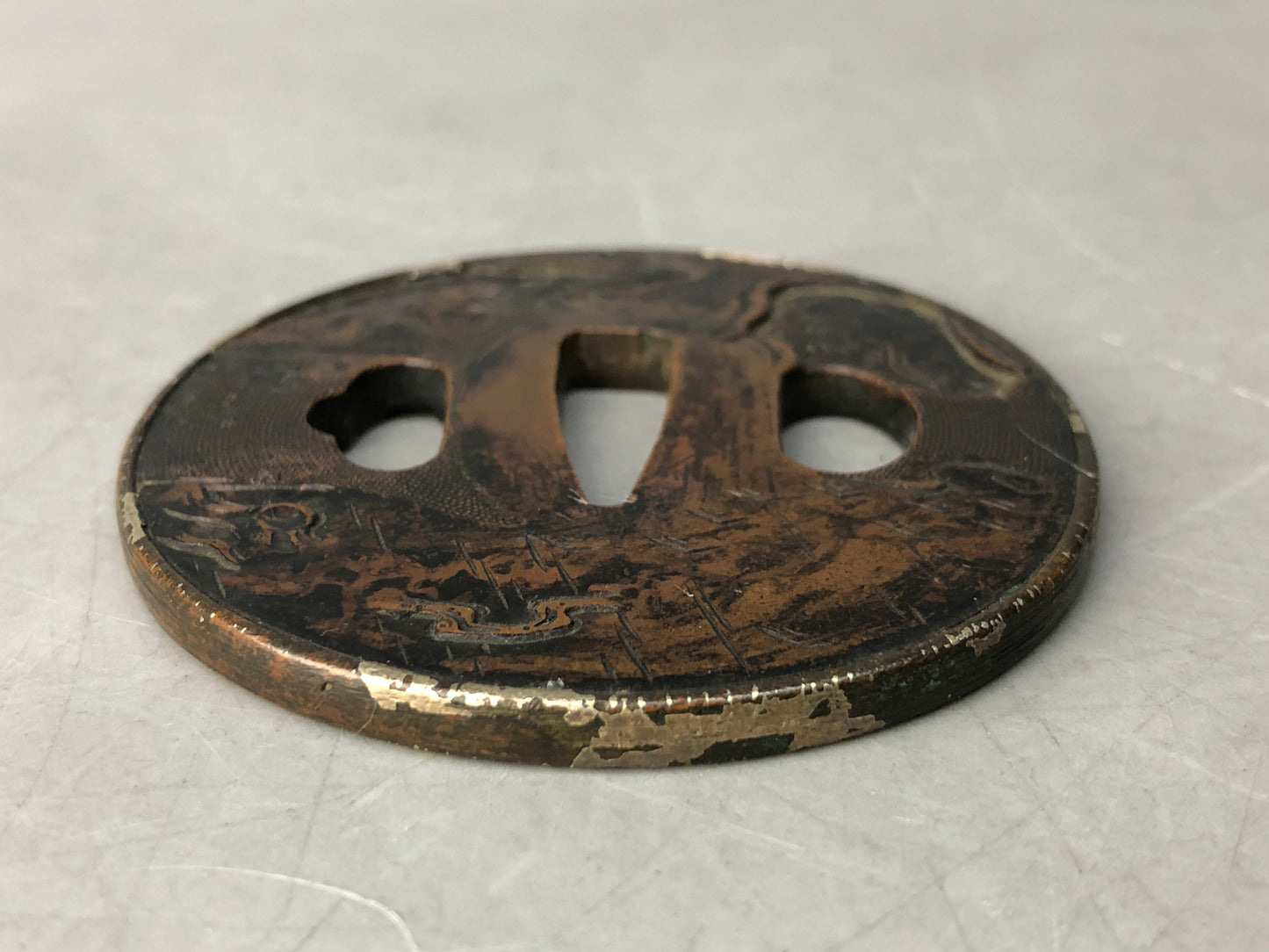 Y8322 TSUBA Copper sword guard engraving Japan samurai katana koshirae edo bus