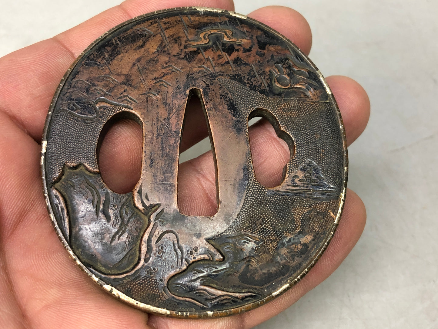 Y8322 TSUBA Copper sword guard engraving Japan samurai katana koshirae edo bus