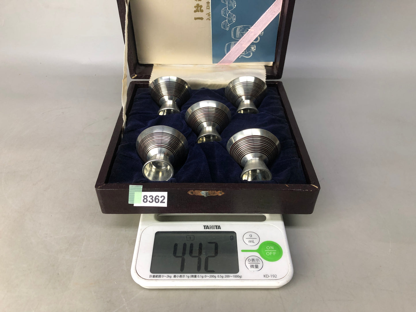 Y8362 CHAWAN tin Sake cup set of 5 signed box Japan antique tableware kitchen