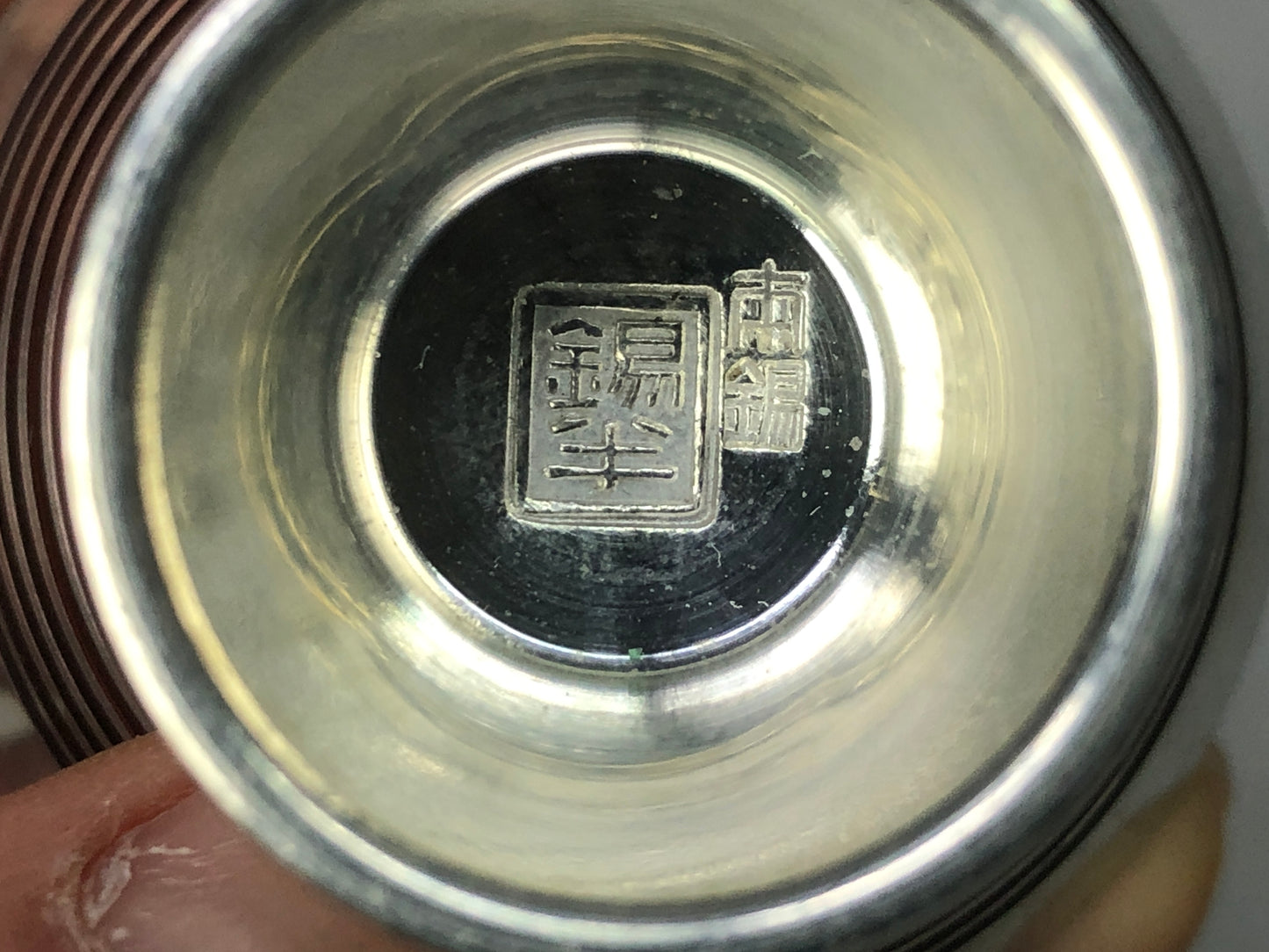 Y8362 CHAWAN tin Sake cup set of 5 signed box Japan antique tableware kitchen