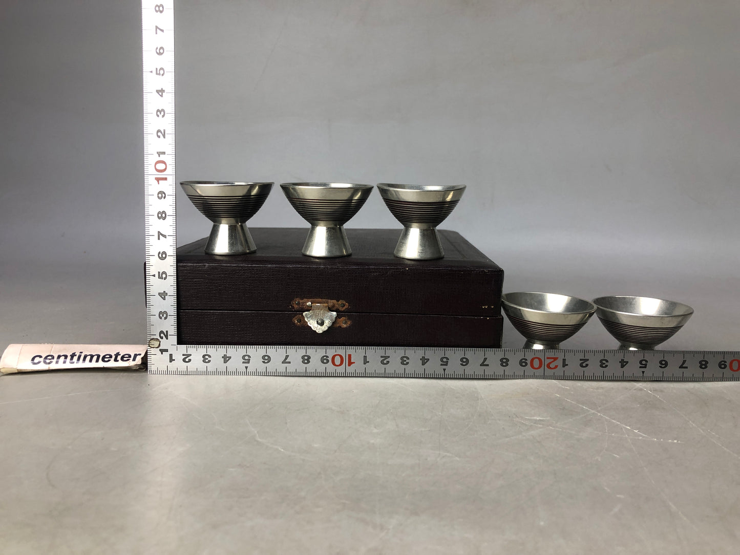 Y8362 CHAWAN tin Sake cup set of 5 signed box Japan antique tableware kitchen