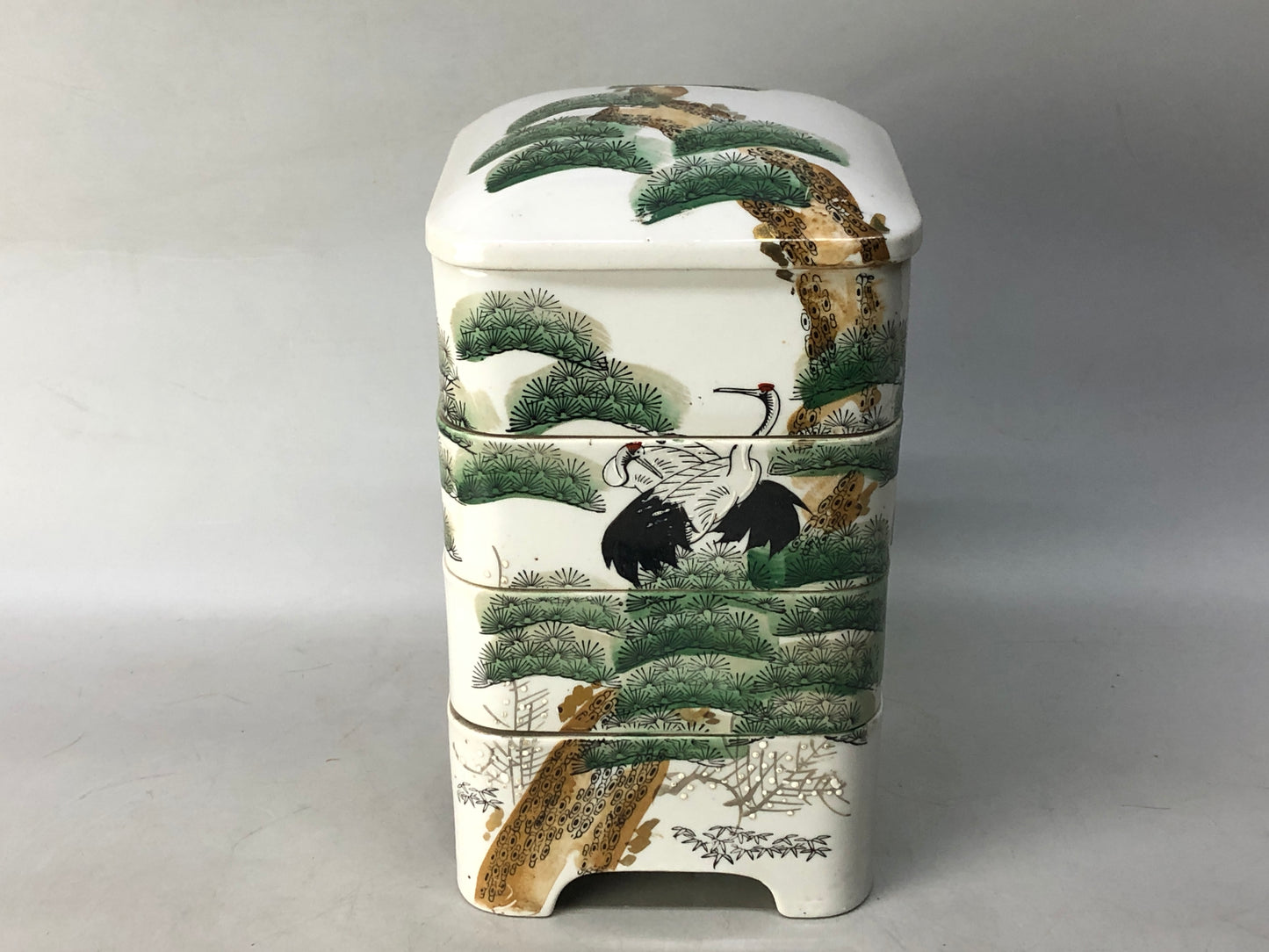 Y8386 BOX Seto-ware 4-tiered container Crane Pine signed Japan antique storage