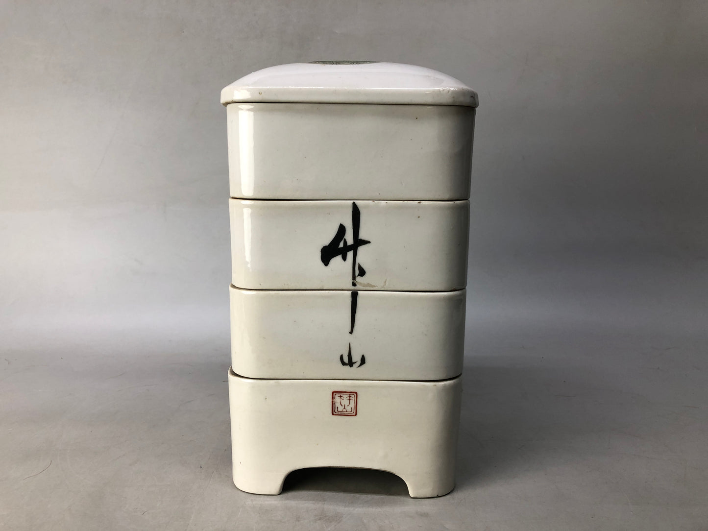 Y8386 BOX Seto-ware 4-tiered container Crane Pine signed Japan antique storage