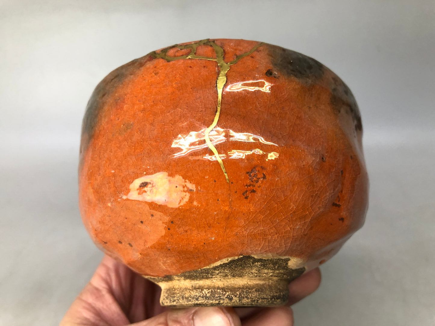 Y8414 CHAWAN Raku-ware red bowl kintsugi signed box Japan antique tea ceremony