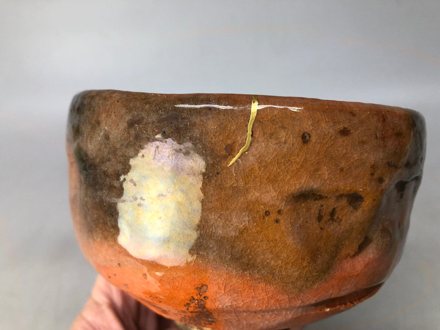 Y8414 CHAWAN Raku-ware red bowl kintsugi signed box Japan antique tea ceremony