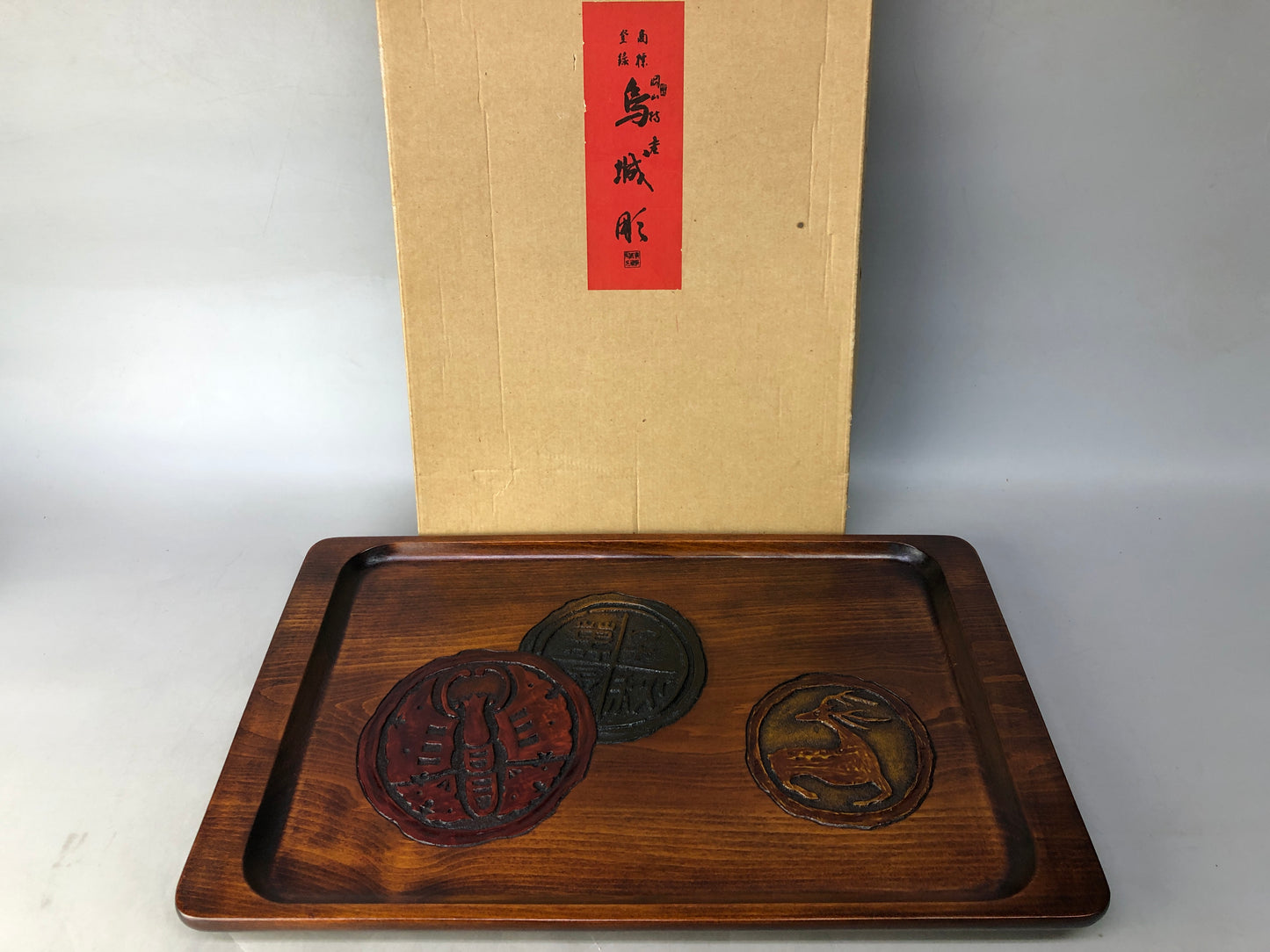 Y8465 TRAY wooden OBON OZEN ancient pattern carving box Japan antique kitchen