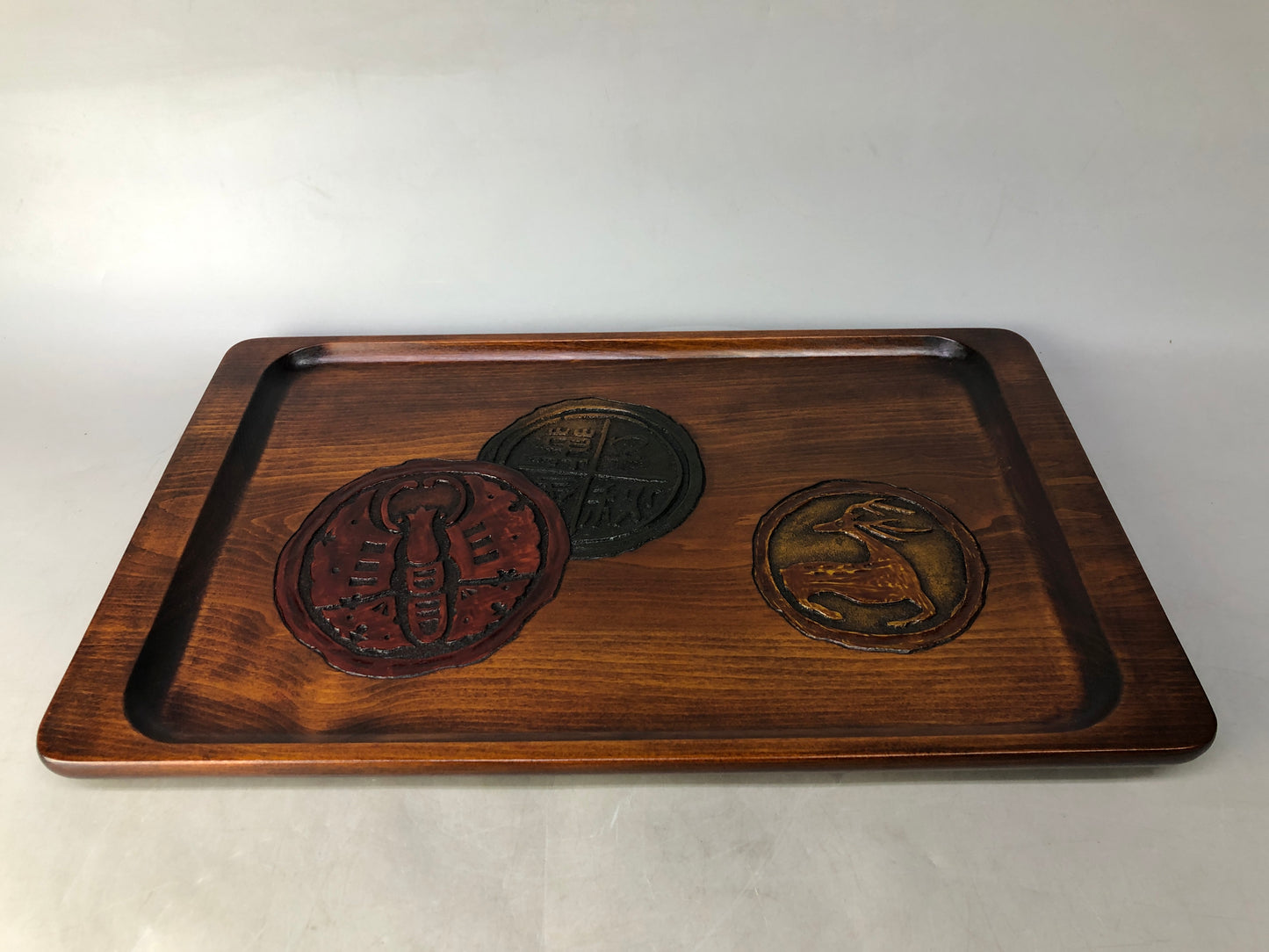 Y8465 TRAY wooden OBON OZEN ancient pattern carving box Japan antique kitchen
