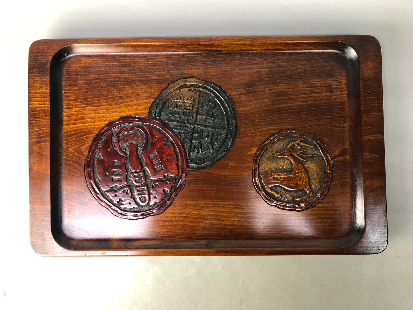 Y8465 TRAY wooden OBON OZEN ancient pattern carving box Japan antique kitchen
