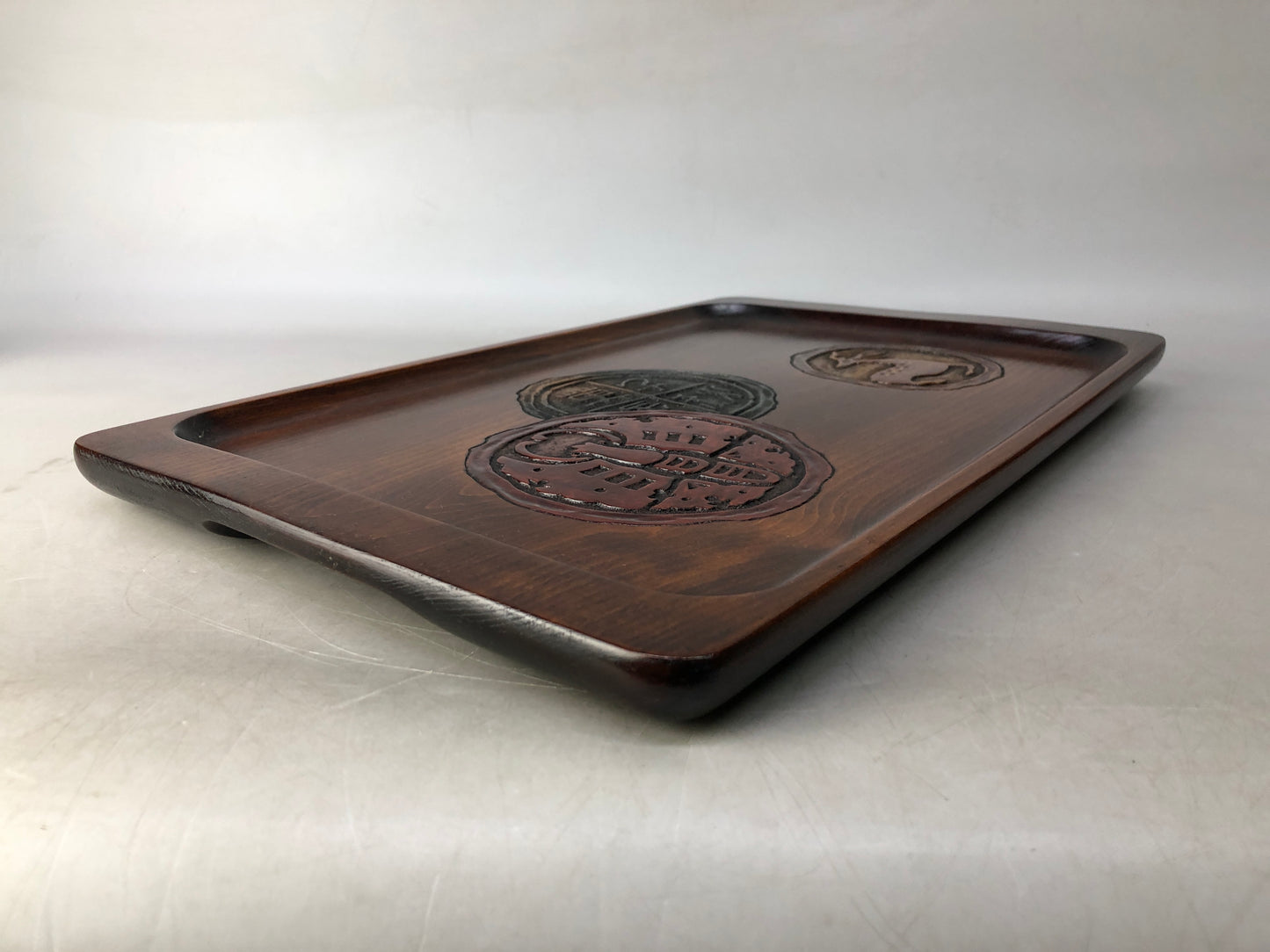 Y8465 TRAY wooden OBON OZEN ancient pattern carving box Japan antique kitchen