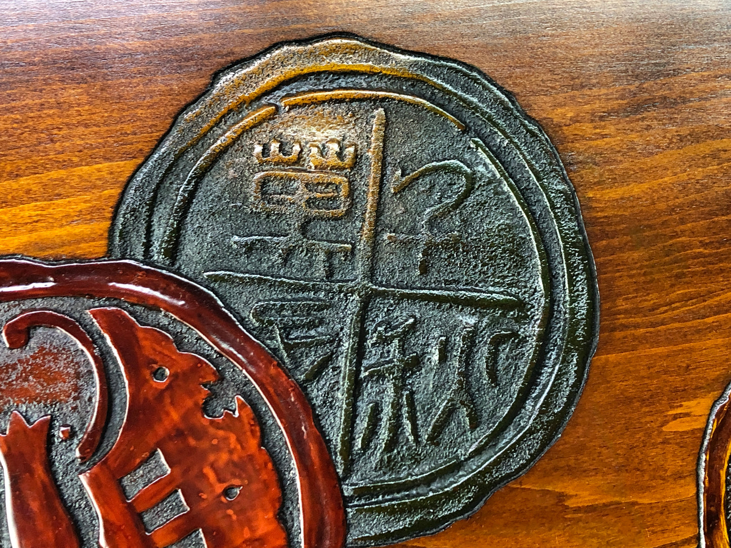 Y8465 TRAY wooden OBON OZEN ancient pattern carving box Japan antique kitchen