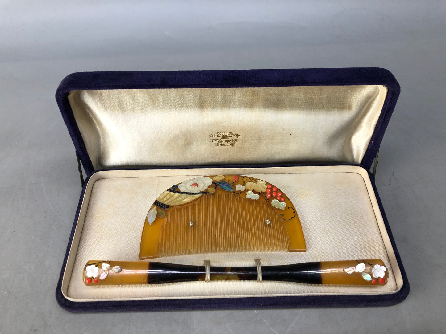 Y8470 KOUGAI Hair Stick hairpin box Raden Coral Japan antique kimono accessory