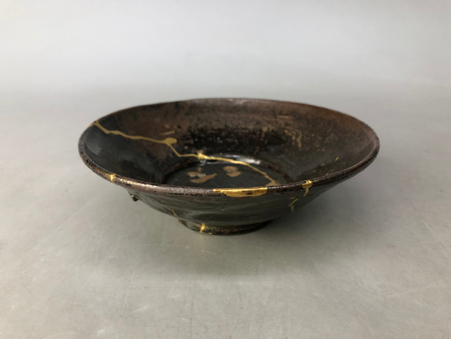 Y8501 CHAWAN Korean flat bowl kintsugi clamp fix Korea antique tea ceremony cup