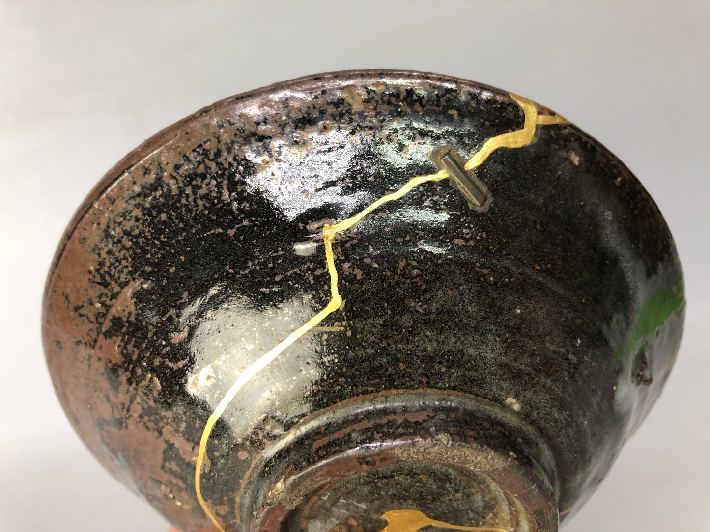 Y8501 CHAWAN Korean flat bowl kintsugi clamp fix Korea antique tea ceremony cup
