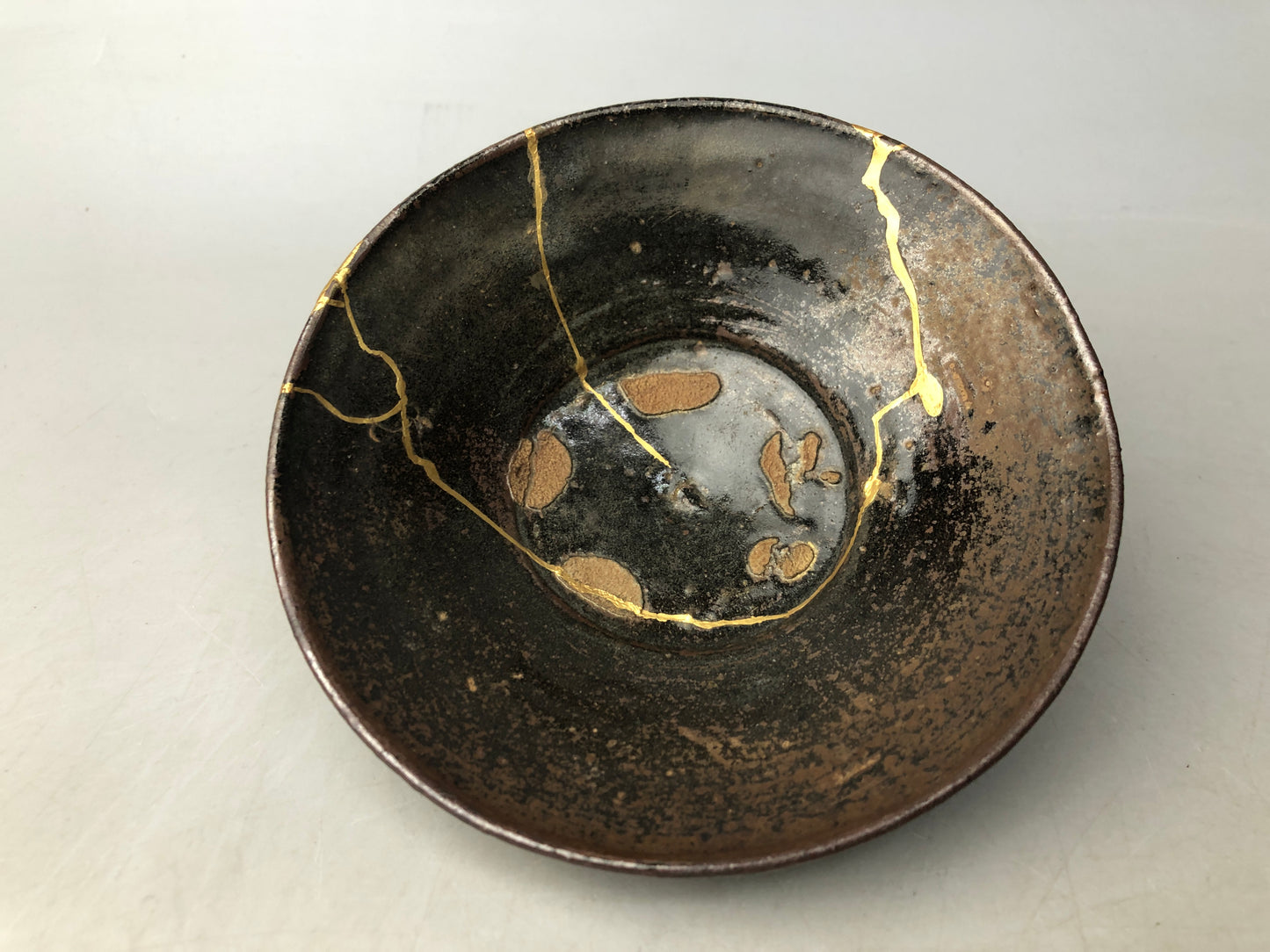 Y8501 CHAWAN Korean flat bowl kintsugi clamp fix Korea antique tea ceremony cup