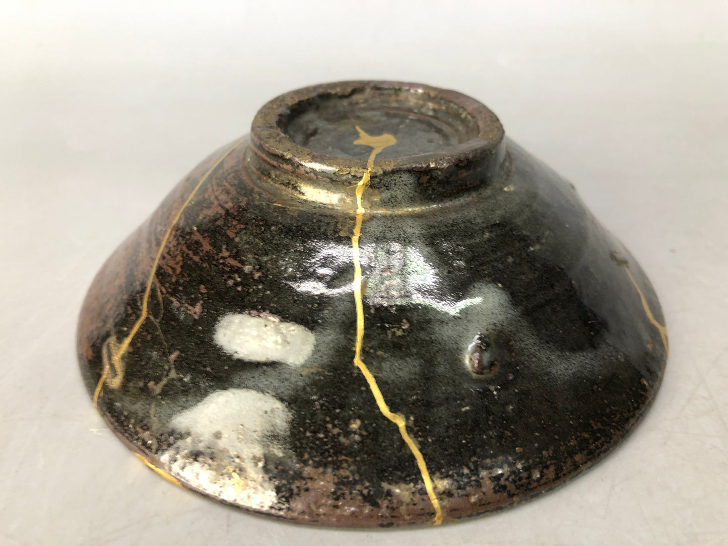 Y8501 CHAWAN Korean flat bowl kintsugi clamp fix Korea antique tea ceremony cup