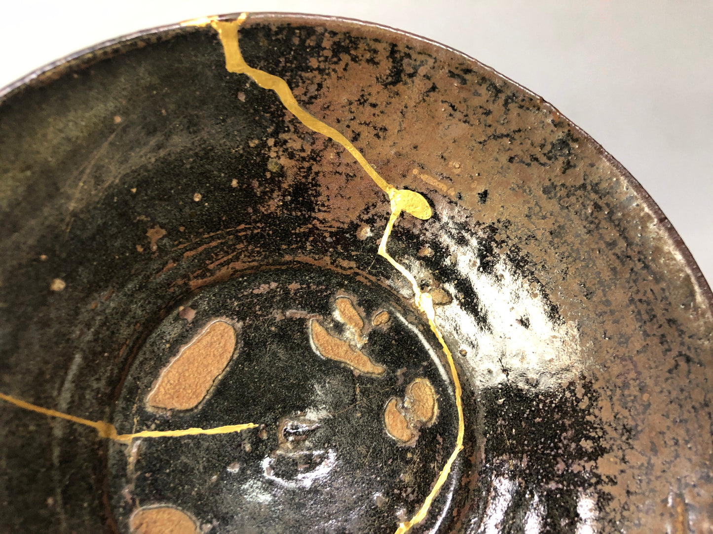 Y8501 CHAWAN Korean flat bowl kintsugi clamp fix Korea antique tea ceremony cup