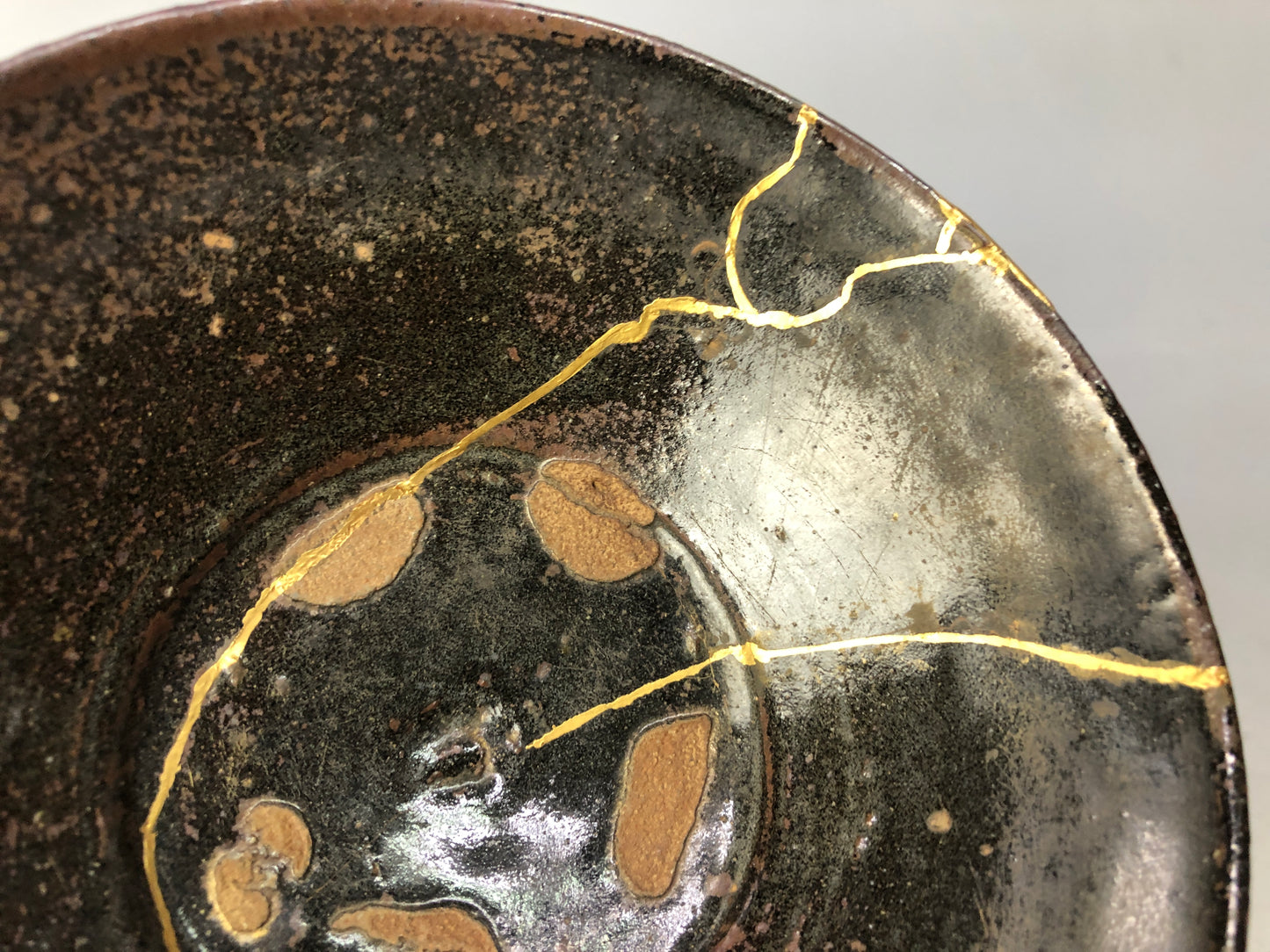 Y8501 CHAWAN Korean flat bowl kintsugi clamp fix Korea antique tea ceremony cup