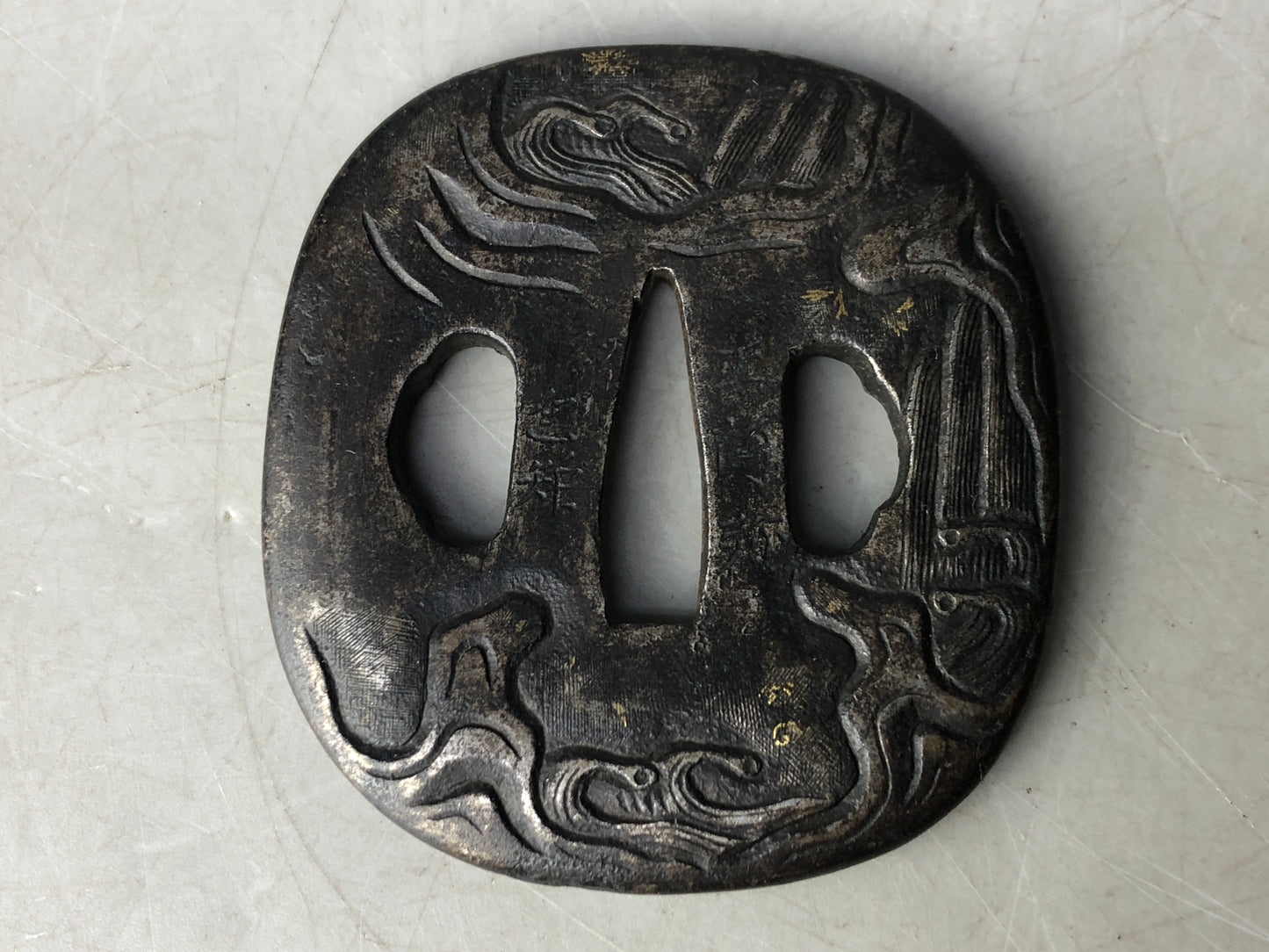 Y8506 TSUBA Iron sword guard signed box Japan antique samurai katana koshirae