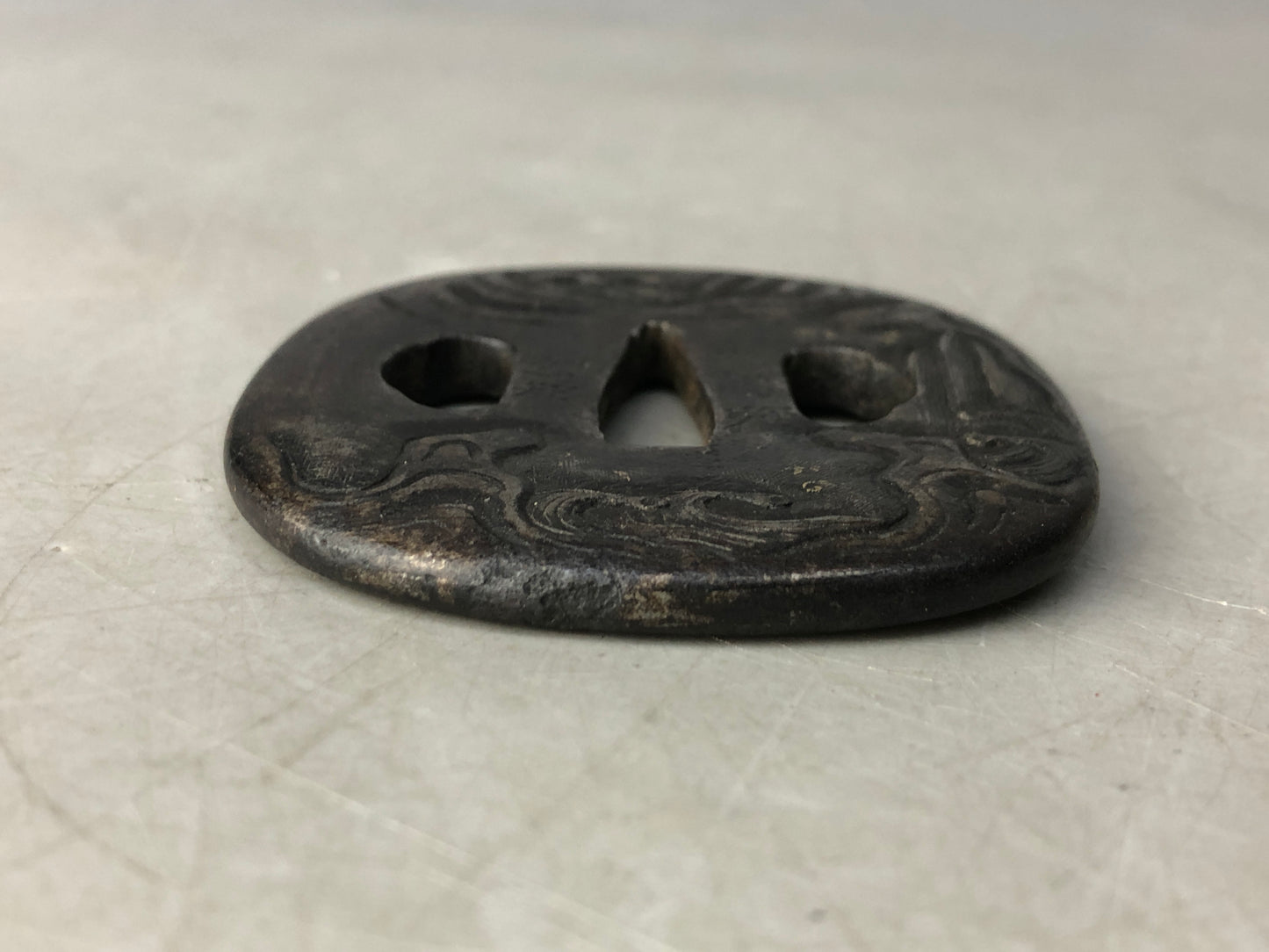 Y8506 TSUBA Iron sword guard signed box Japan antique samurai katana koshirae