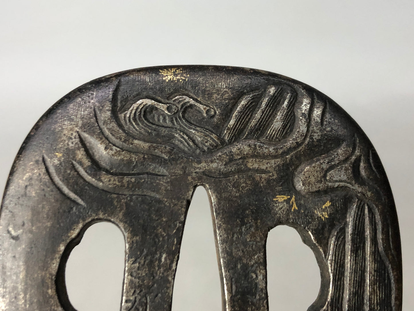Y8506 TSUBA Iron sword guard signed box Japan antique samurai katana koshirae