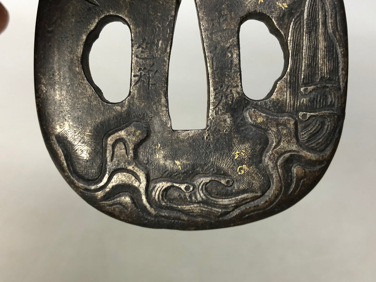 Y8506 TSUBA Iron sword guard signed box Japan antique samurai katana koshirae