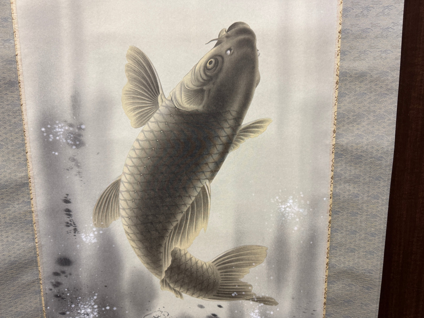 Y8562 KAKEJIKU Wave Koi fish signed box Japan antique hanging scroll interior
