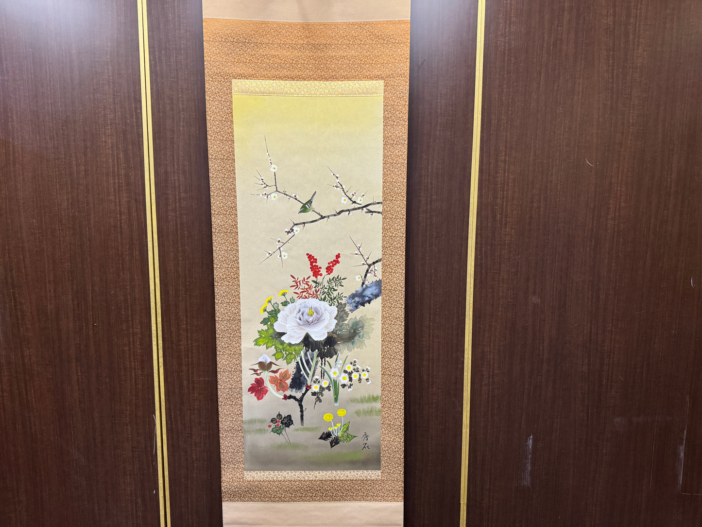 Y8563 KAKEJIKU Bird Flower signed box Japan antique hanging scroll interior