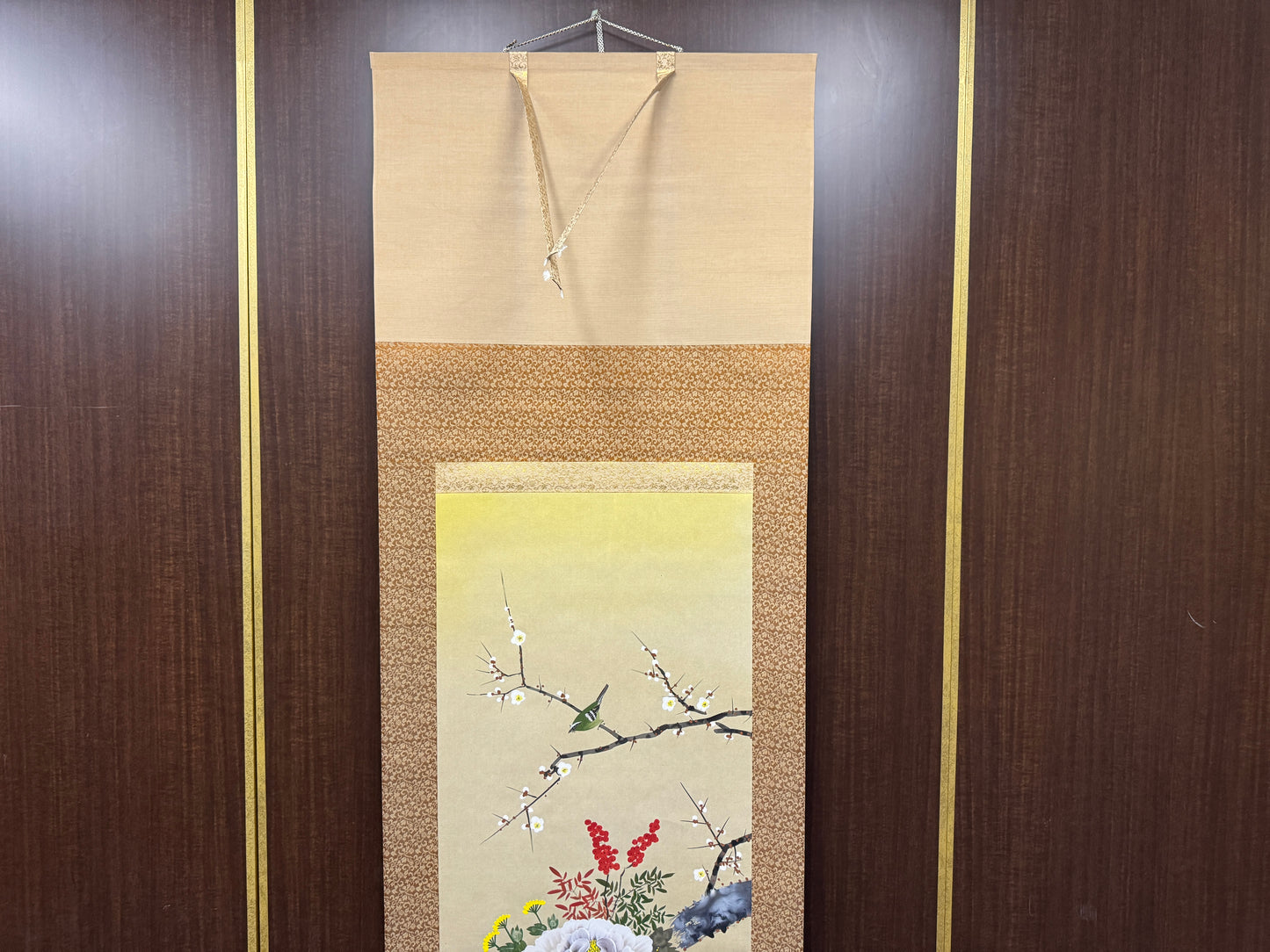 Y8563 KAKEJIKU Bird Flower signed box Japan antique hanging scroll interior