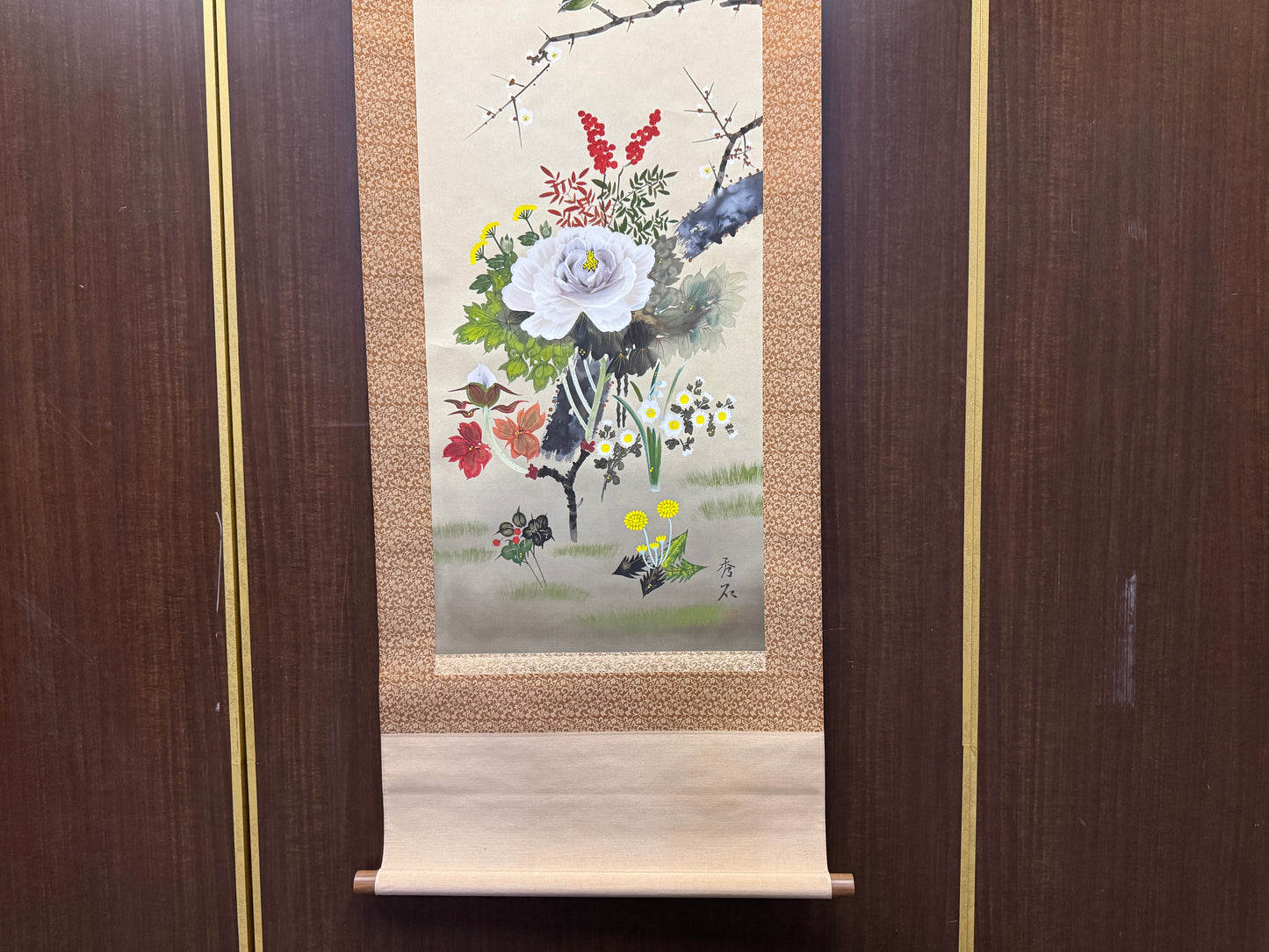 Y8563 KAKEJIKU Bird Flower signed box Japan antique hanging scroll interior