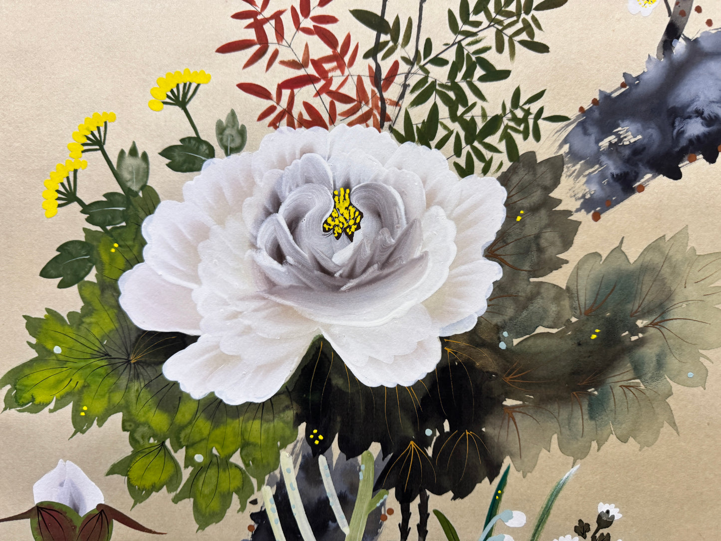 Y8563 KAKEJIKU Bird Flower signed box Japan antique hanging scroll interior