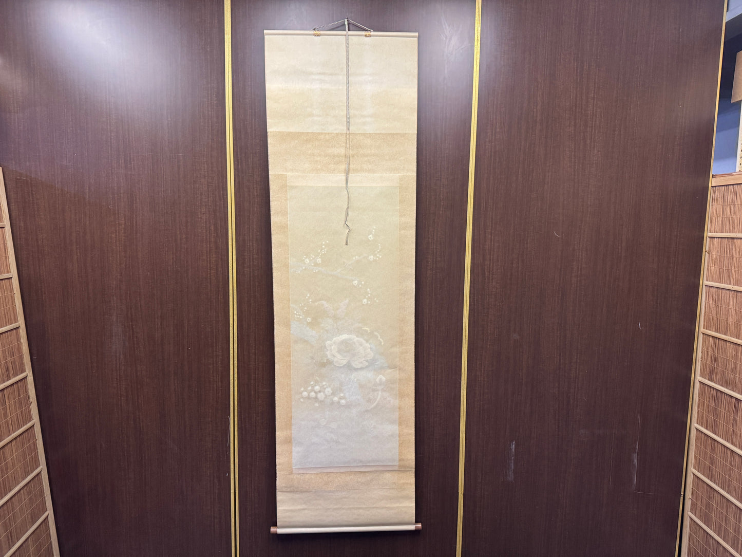 Y8563 KAKEJIKU Bird Flower signed box Japan antique hanging scroll interior