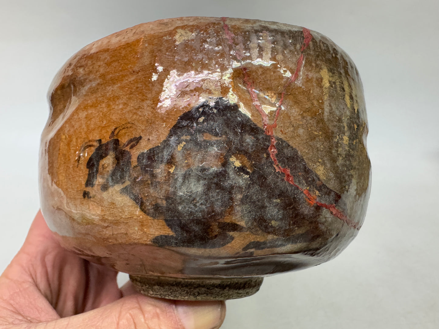 Y8583 CHAWAN Raku-ware red bowl kintsugi signed box Japan antique tea ceremony
