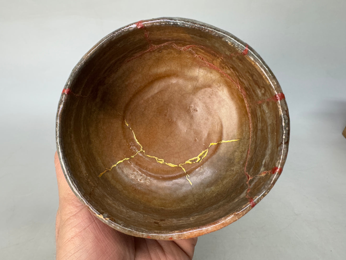 Y8583 CHAWAN Raku-ware red bowl kintsugi signed box Japan antique tea ceremony