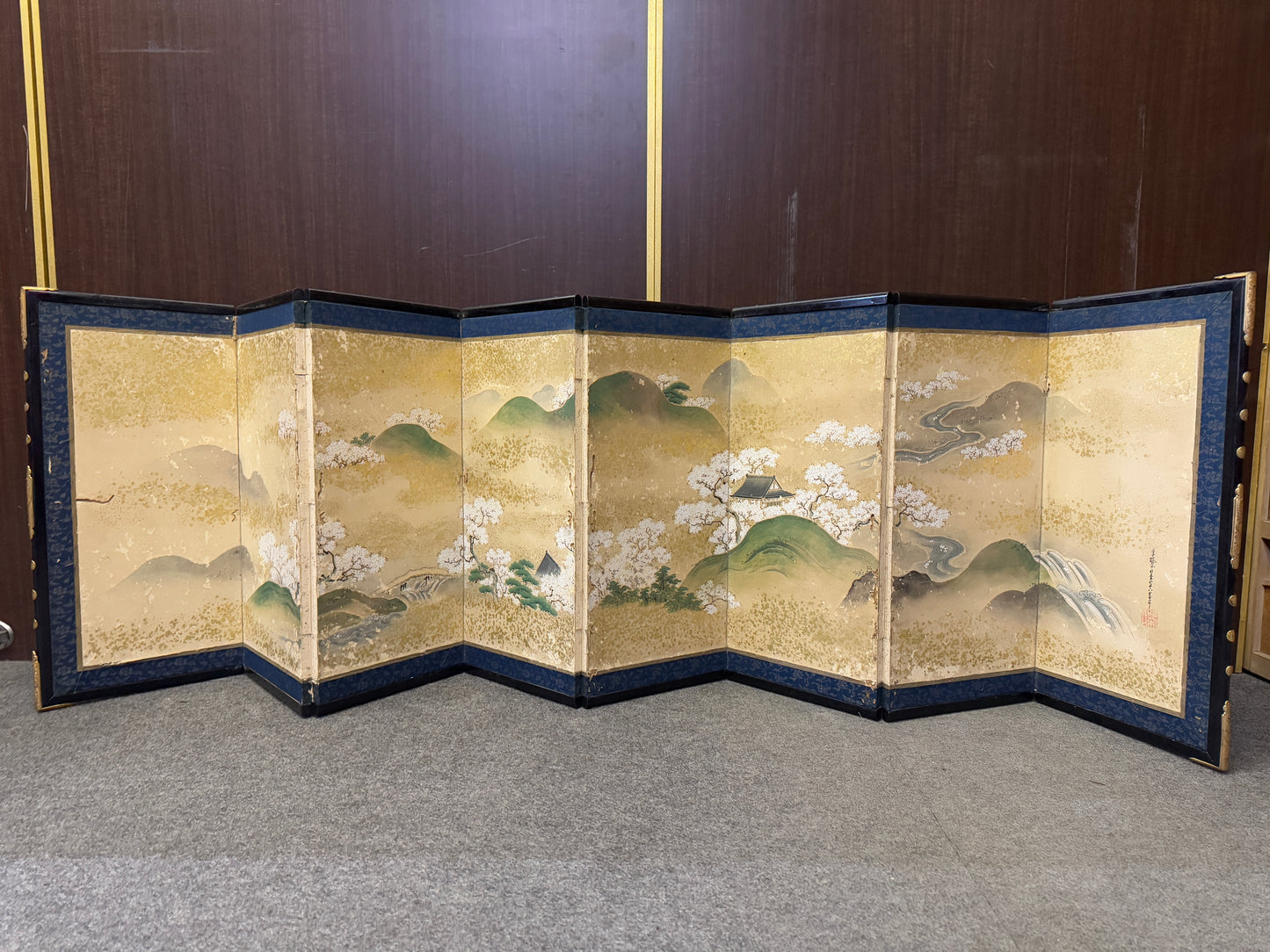 Y8590 BYOUBU folding screen Yamato-e signed box Japan antique decor interior