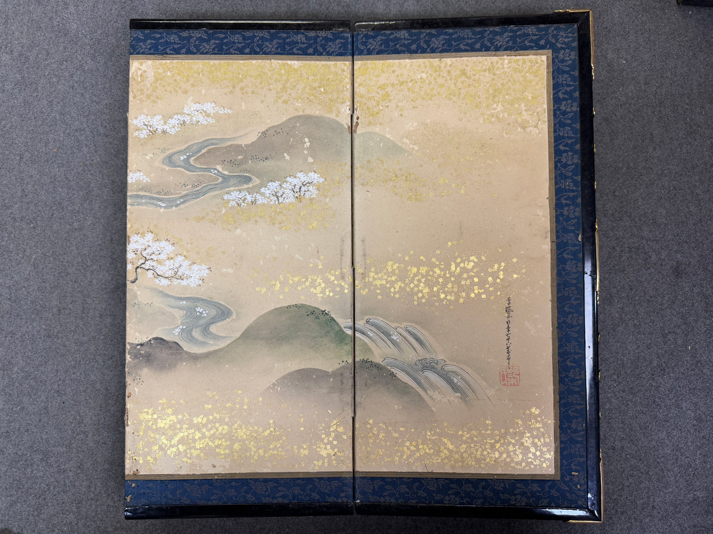 Y8590 BYOUBU folding screen Yamato-e signed box Japan antique decor interior