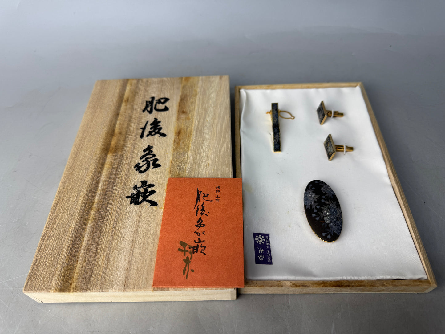 Y8644 OBIDOME Higo inlay sash clip tie pin cufflinks box Japan antique kimono