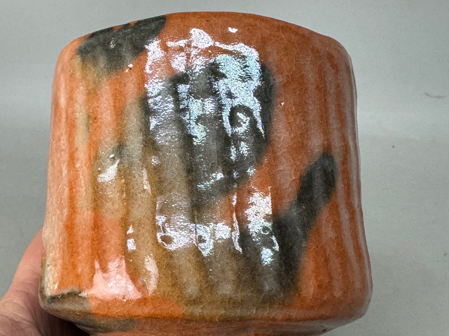 Y8655 CHAWAN Raku-ware red tube bowl signed box Japan antique tea ceremony cup