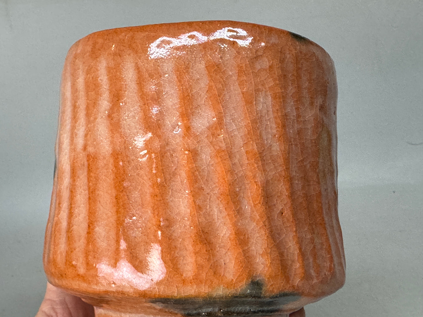 Y8655 CHAWAN Raku-ware red tube bowl signed box Japan antique tea ceremony cup