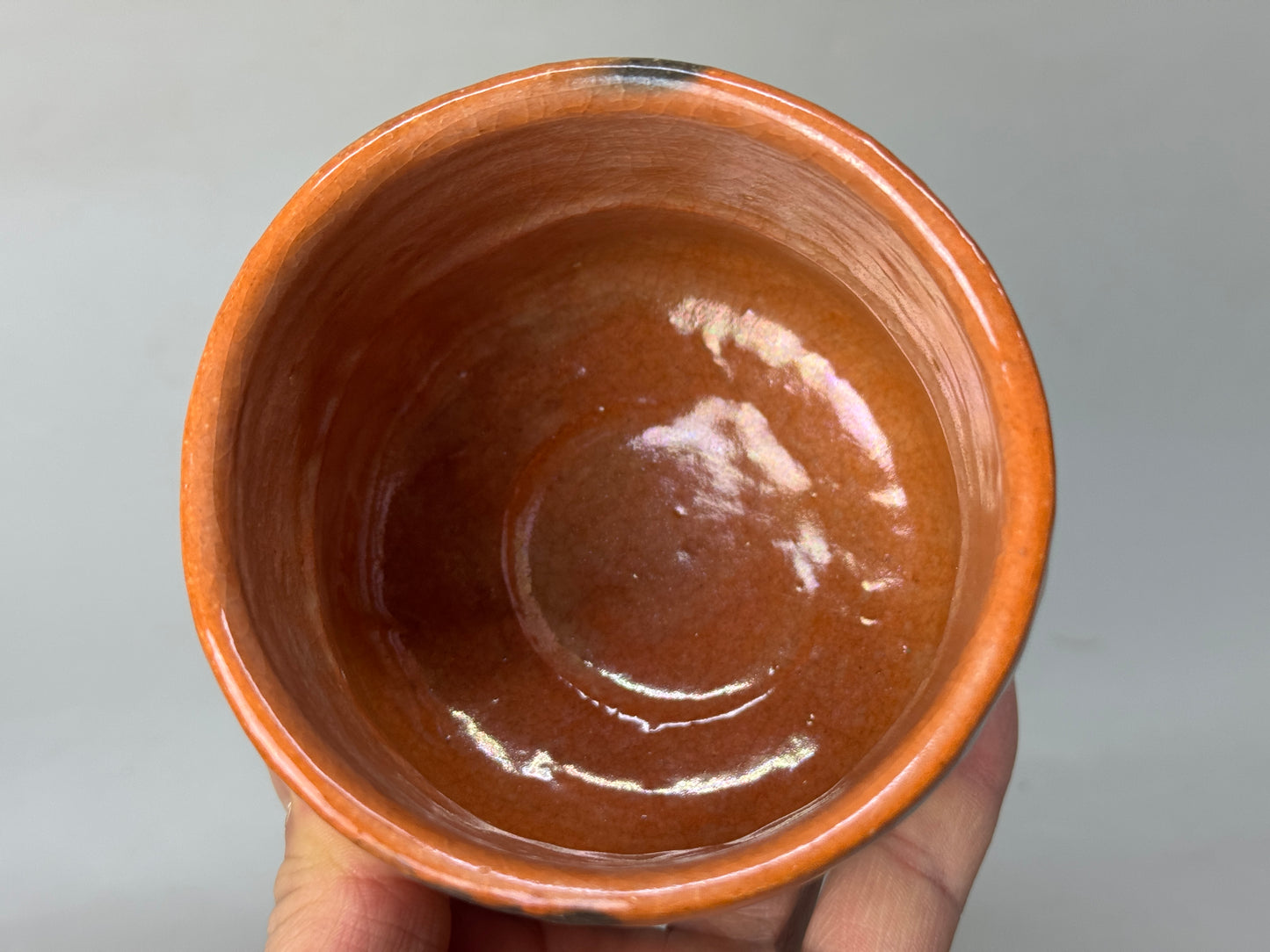 Y8655 CHAWAN Raku-ware red tube bowl signed box Japan antique tea ceremony cup