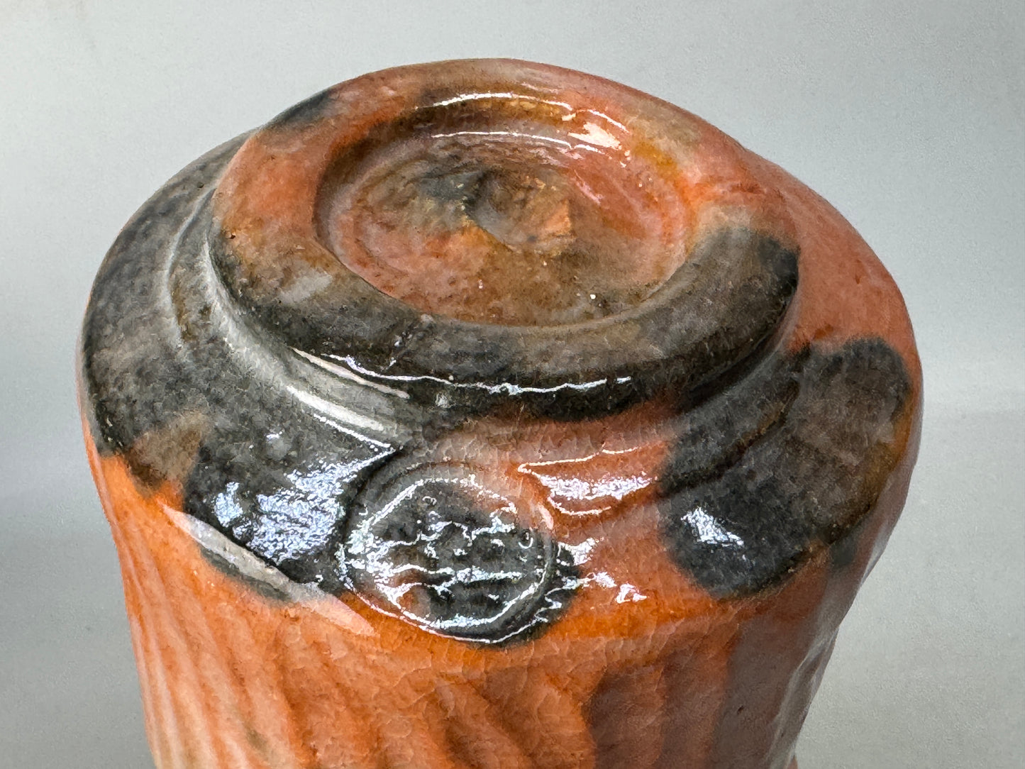 Y8655 CHAWAN Raku-ware red tube bowl signed box Japan antique tea ceremony cup