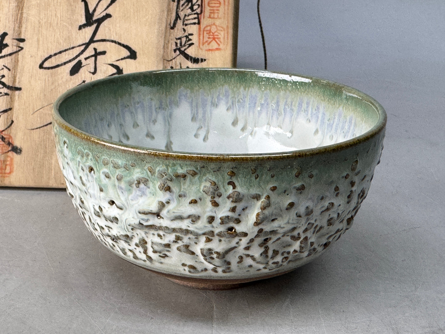 Y8683 CHAWAN Oribe-ware bowl signed box Japan antique tea ceremony teacup cup