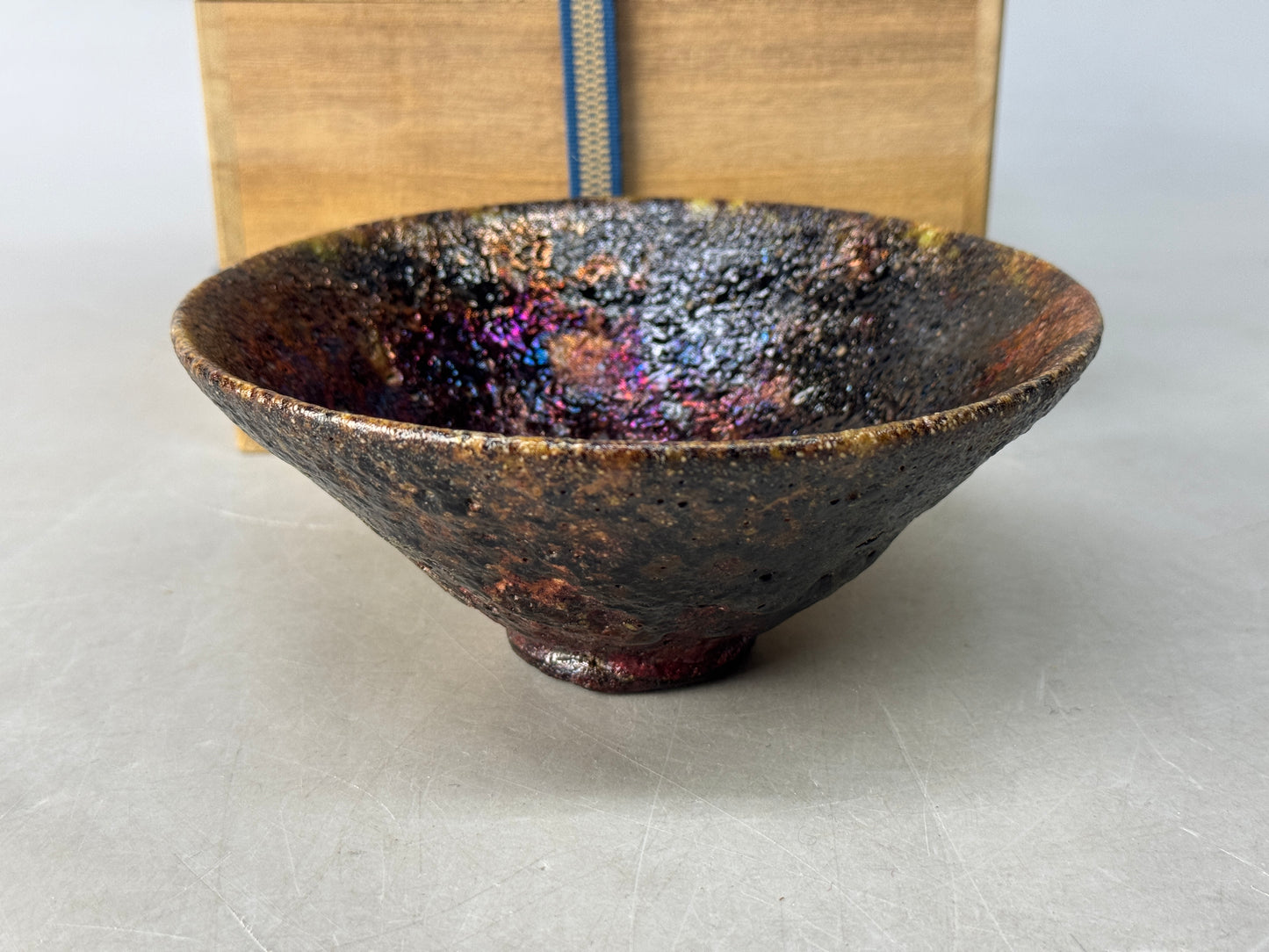 Y8684 CHAWAN Raku-ware flat bowl signed box Japan antique tea ceremony teacup
