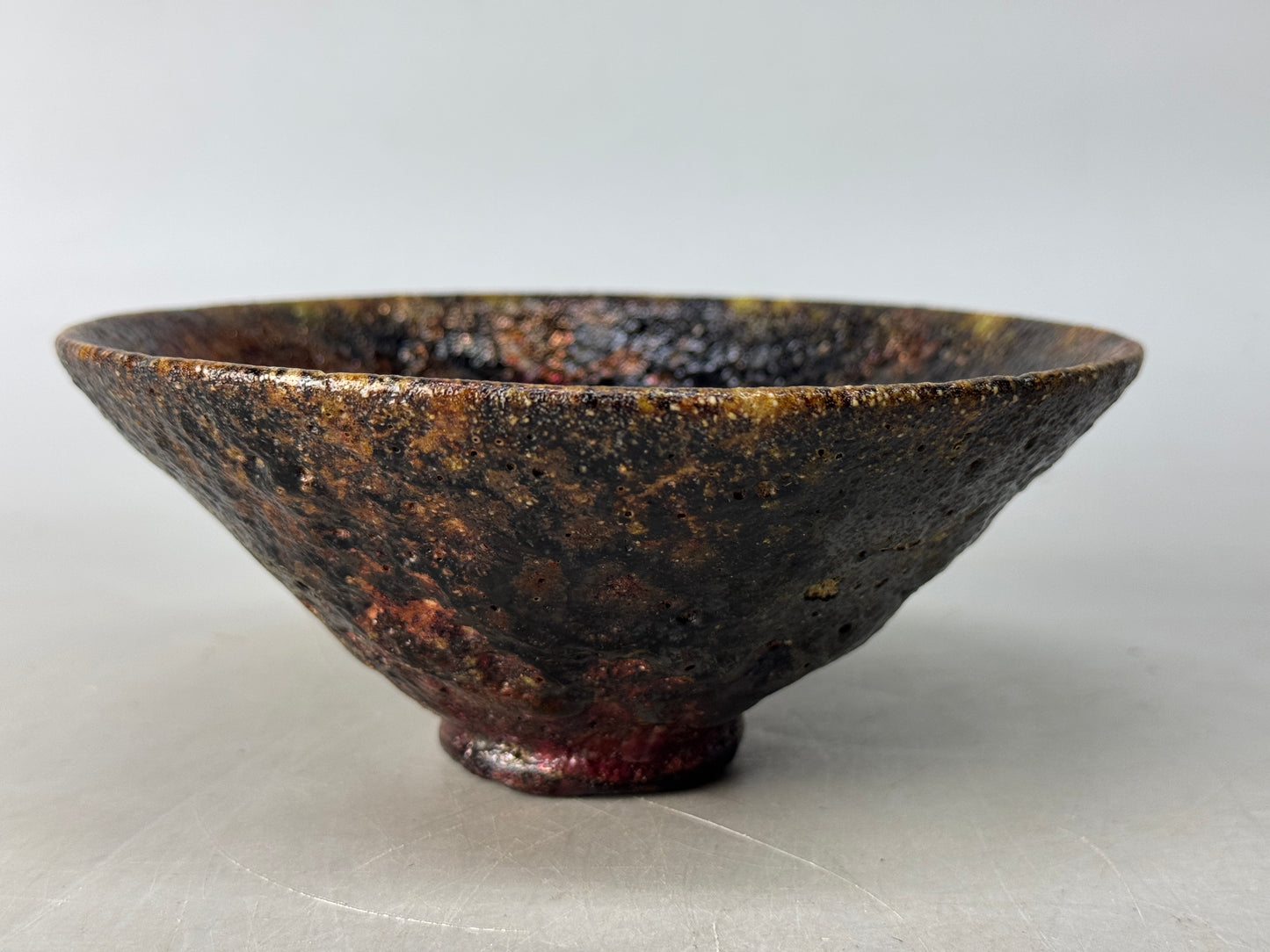 Y8684 CHAWAN Raku-ware flat bowl signed box Japan antique tea ceremony teacup