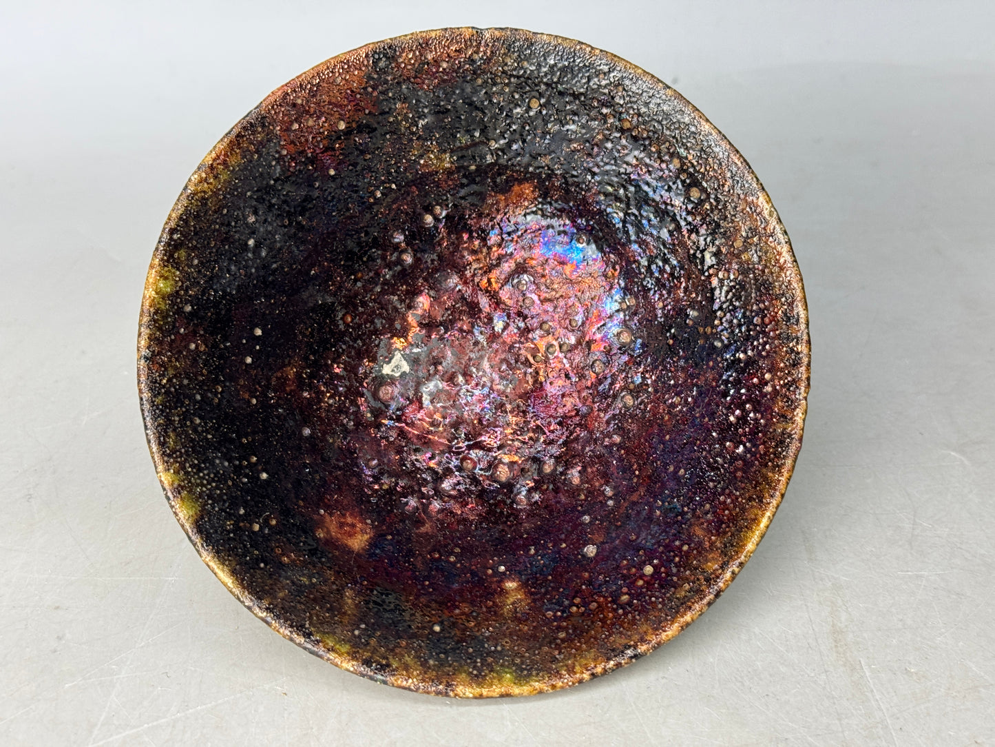 Y8684 CHAWAN Raku-ware flat bowl signed box Japan antique tea ceremony teacup