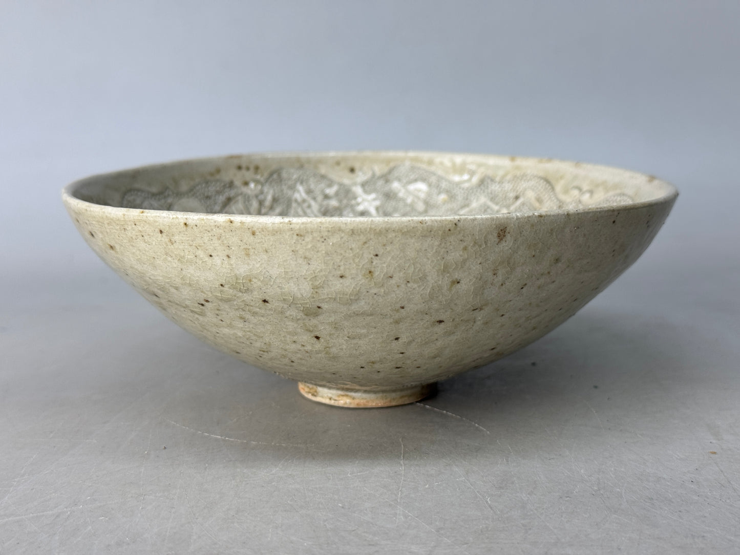 Y8695 CHAWAN Hakeme brushmark flat bowl signed Japan tea ceremony modern art