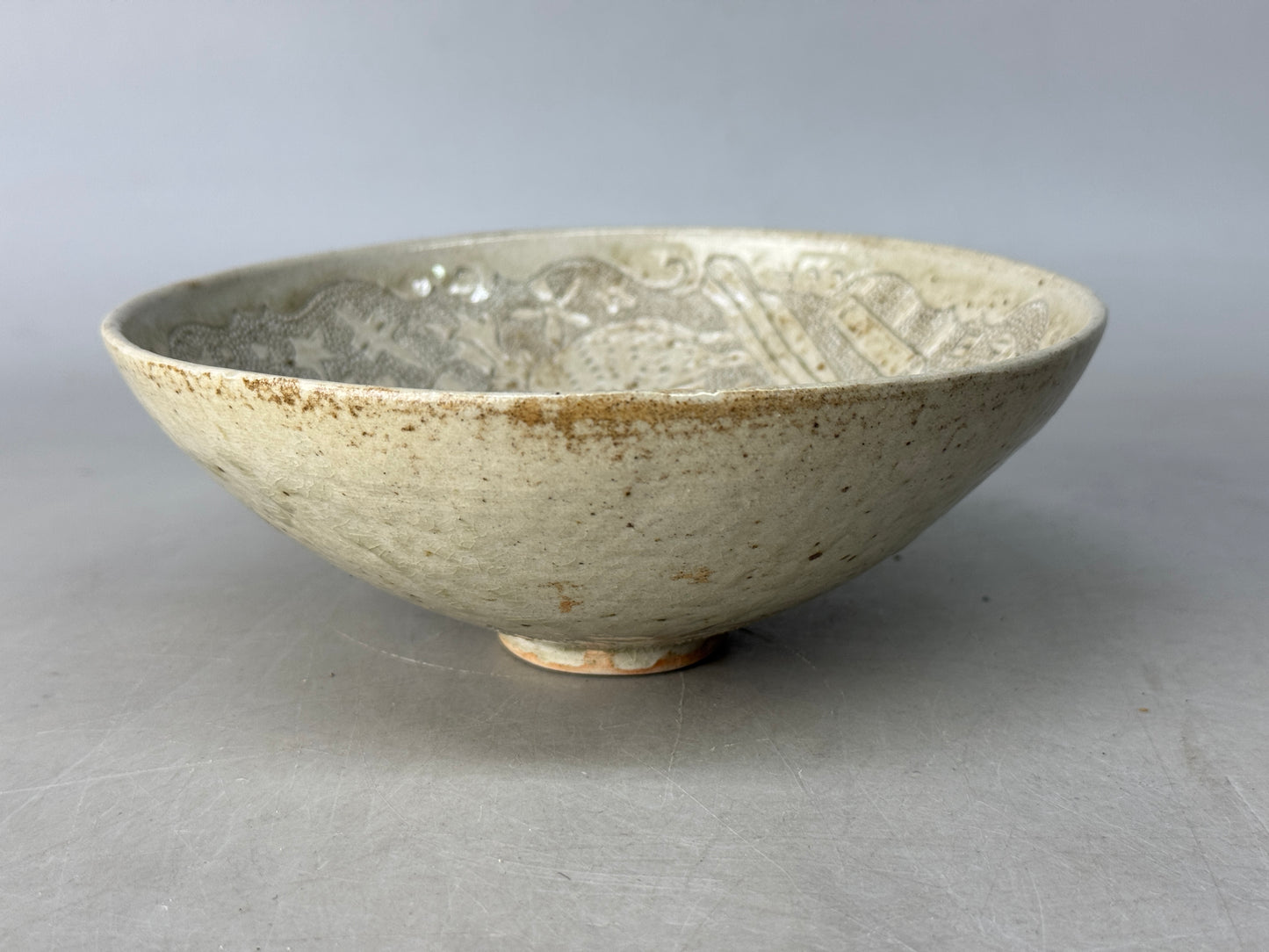 Y8695 CHAWAN Hakeme brushmark flat bowl signed Japan tea ceremony modern art