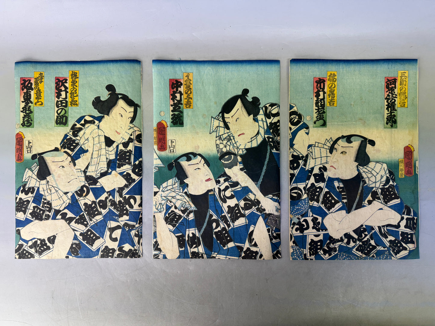 Y8696 WOODBLOCK PRINT Kuniaki triptych Tattoo Kabuki actor Japan Ukiyoe antique
