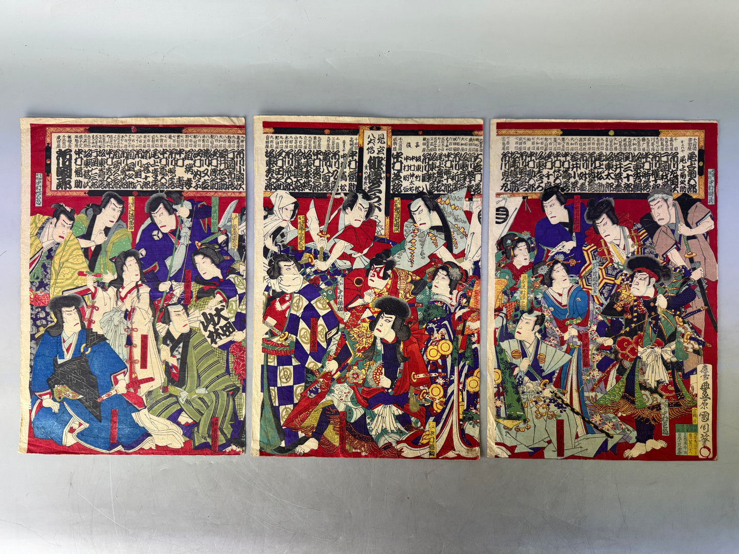 Y8697 WOODBLOCK PRINT Kunichika triptych Kabuki actor Japan Ukiyoe antique art