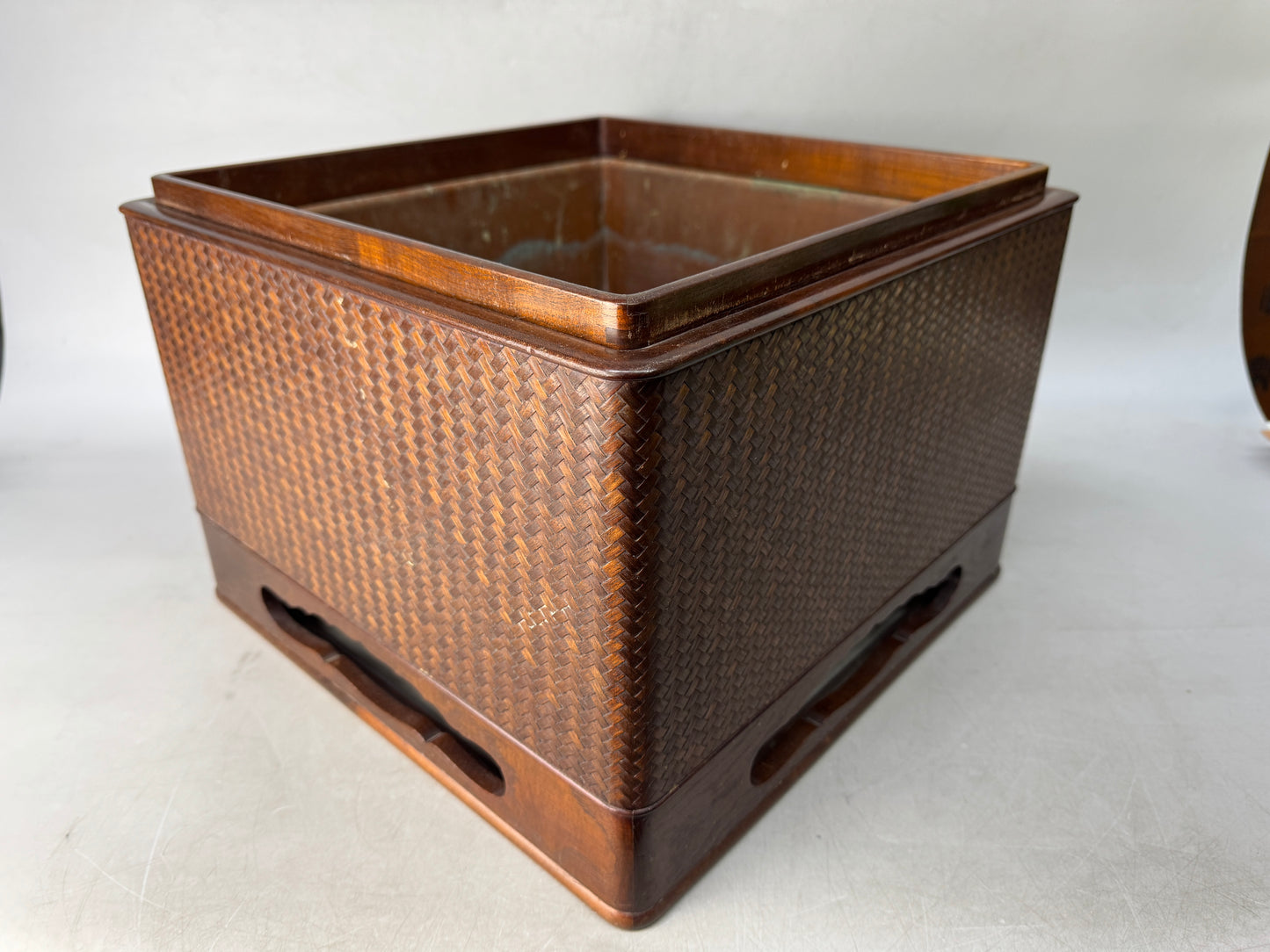 Y8722 HIBACHI Ajiro pattern wooden brazier wood carving Japan antique interior