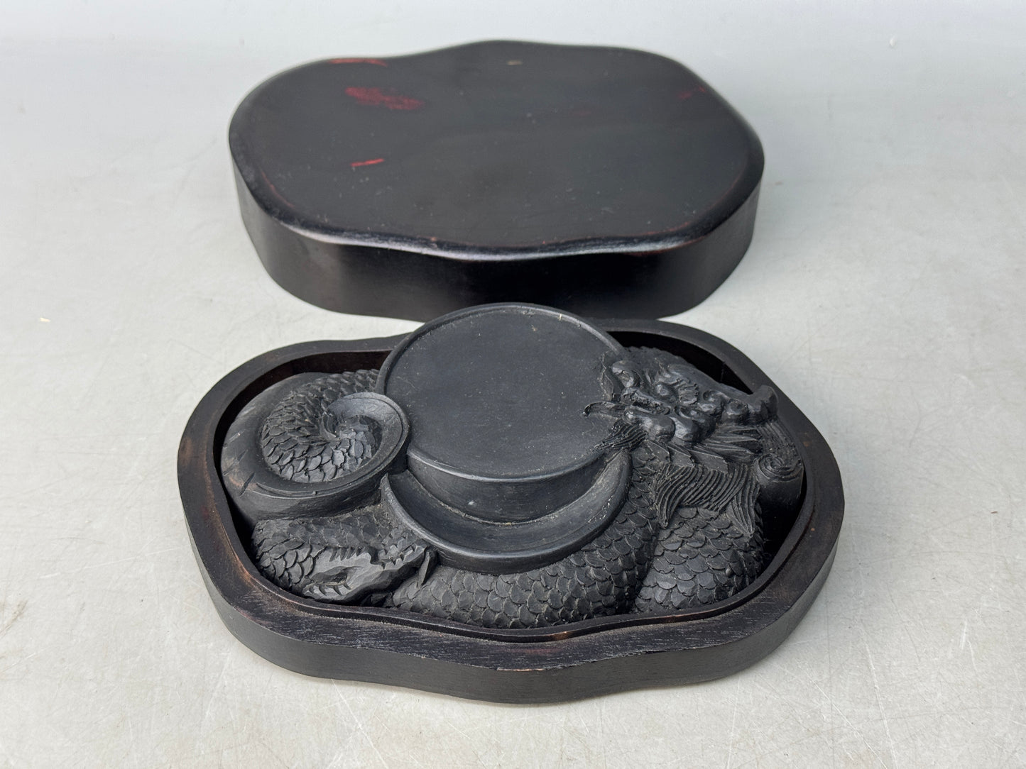 Y8730 SUZURI Inkstone Dragon pattern box stationery calligraphy Japan antique